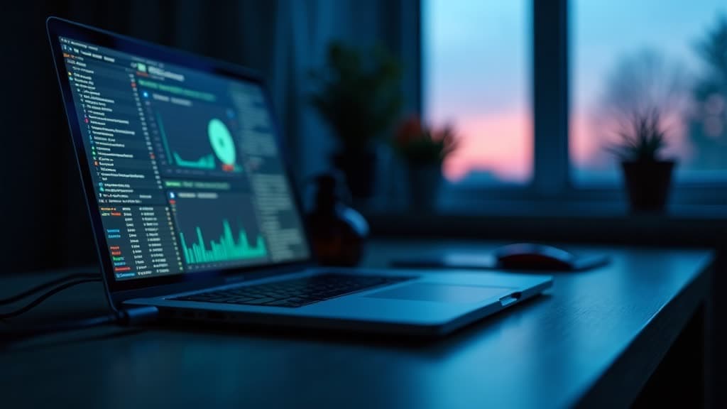 Laptop showing an IT monitoring dashboard at dawn, systems watched around the clock